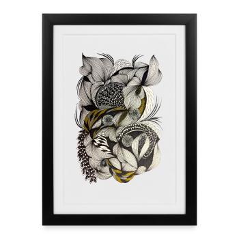 Black & White Flower Swirl Yellow Accents - Framed poster (27 × 37 cm) - black - Front