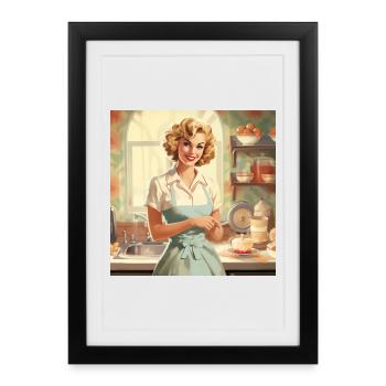 Vintage Hausfrau 50er Jahre - Retro Küche & Backen - Gerahmtes Poster (27 × 37 cm) - Schwarz - Vorne