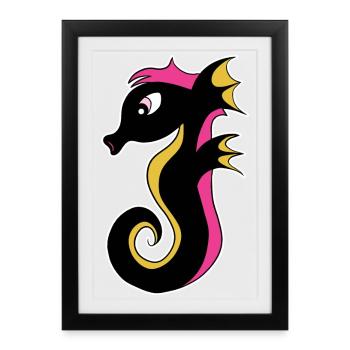Hippocampe néon en fleurs - Affiche encadrée (27 × 37 cm) - noir - Devant