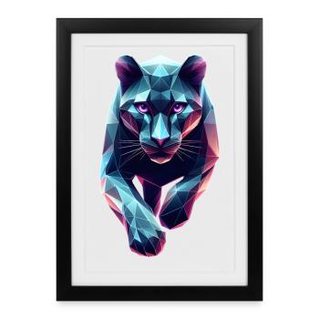 panthere bleue géométrique origami 3d - Affiche encadrée (27 × 37 cm) - noir - Devant