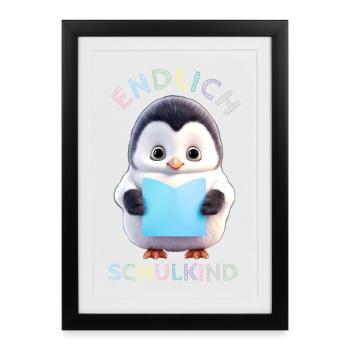 Niedlicher Pinguin mit Buch blau Endlich Schulkind - Gerahmtes Poster (27 × 37 cm) - Schwarz - Vorne