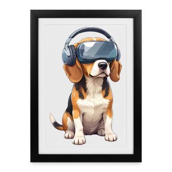 Mignon Beagle Chien Dessin animé Gamer Réalité virtuelle - Affiche encadrée (27 × 37 cm) - noir - Devant