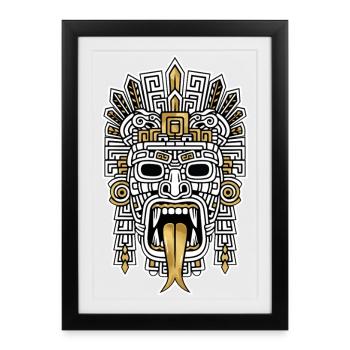 Masque Maya Inca Or et Blanc Totem Tribal - Affiche encadrée (27 × 37 cm) - noir - Devant