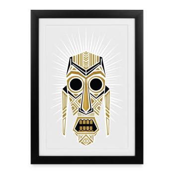 Masque Tribal Géométrique Or Blanc Totem Solaire - Affiche encadrée (27 × 37 cm) - noir - Devant