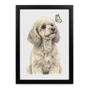 Pudel  mit Schmetterling Hund Goldendoodle - Gerahmtes Poster (27 × 37 cm) - Schwarz - Vorne