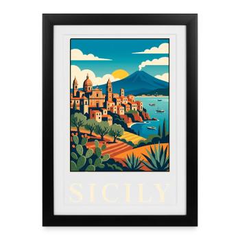 Sicilian Coastal Vista in Bold Colour Italy Travel - Framed poster (27 × 37 cm) - black - Front