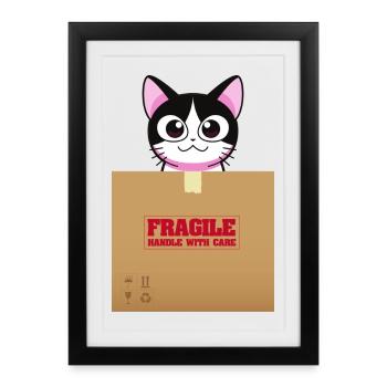 Chaton sur boîte fragile kawaii - Affiche encadrée (27 × 37 cm) - noir - Devant