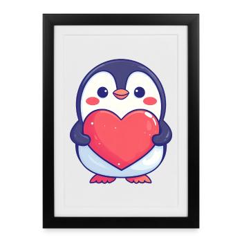 Penguin Holding a Red Heart - Adorable cartoon - Framed poster (27 × 37 cm) - black - Front