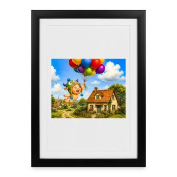 Balloon baby above cozy house - Framed poster (27 × 37 cm) - black - Front