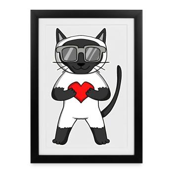 Chat siamois avec lunettes de soleil et cœur - Affiche encadrée (27 × 37 cm) - noir - Devant