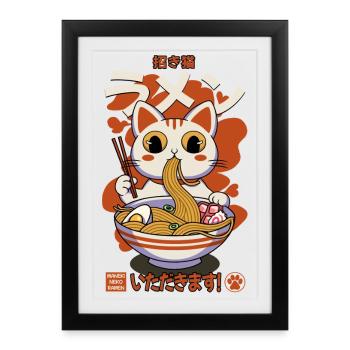 Série Maneki neko rouge - Chat blanc bol de Ramen - Affiche encadrée (27 × 37 cm) - noir - Devant