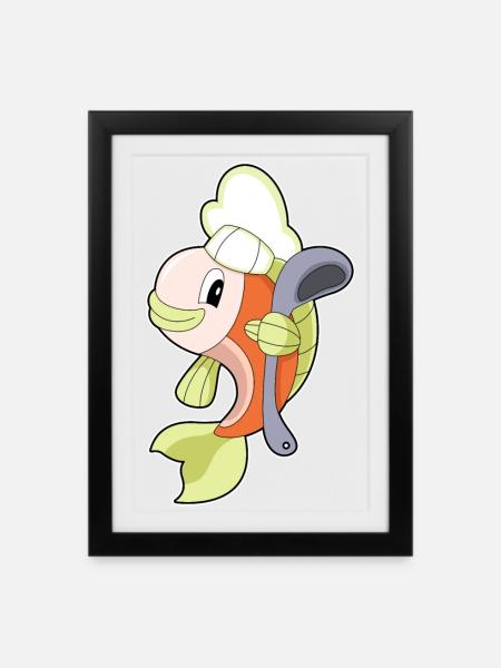 Fisch Koch Kochlöffel Kochen - Gerahmtes Poster (27 × 37 cm) - Schwarz