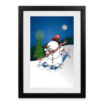 Illustration of a cheerful snowman on skis - Framed poster (27 × 37 cm) - black - Front