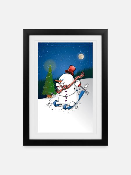Illustration d’un joyeux bonhomme de neige sur des skis - Affiche encadrée (27 × 37 cm) - noir