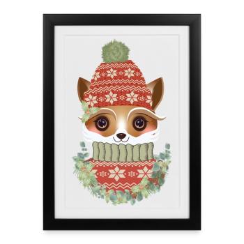 cute fox with sweater, bobble hat & wreath - Framed poster (27 × 37 cm) - black - Front