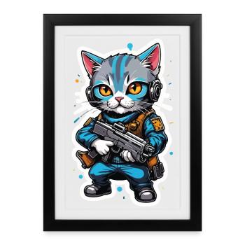 Katzenkrieger mit Hightech-Waffen - Gerahmtes Poster (27 × 37 cm) - Schwarz - Vorne