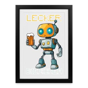Lecker Bierchen X Roboter mit Bier lustiges - Gerahmtes Poster (27 × 37 cm) - Schwarz - Vorne