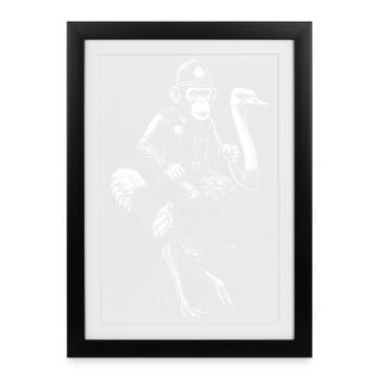 Humorous Monkey Policeman Riding Ostrich  - Framed poster (27 × 37 cm) - black - Front