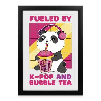 Panda mignon avec thé à bulles et écouteurs - Affiche encadrée (27 × 37 cm) - noir - Devant
