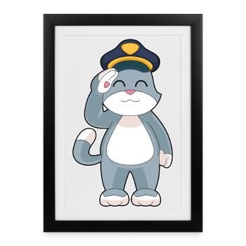 chat policier chapeau de police police - Affiche encadrée (27 × 37 cm) - noir - Devant
