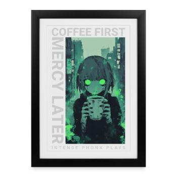 Café d'abord, Miséricorde plus tard, style anime Vaporwave - Affiche encadrée (27 × 37 cm) - noir - Devant