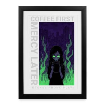 Café Vaporwave d'abord Miséricorde plus tard Art néon - Affiche encadrée (27 × 37 cm) - noir - Devant