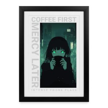 Café d'abord, Miséricorde plus tard, style anime Vaporwave - Affiche encadrée (27 × 37 cm) - noir - Devant