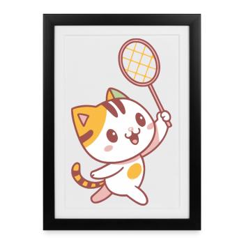 Happy Badminton Kitten - Framed poster (27 × 37 cm) - black - Front