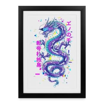 Cyberpunk Dragon - Néon d’Art Glitch - Affiche encadrée (27 × 37 cm) - noir - Devant