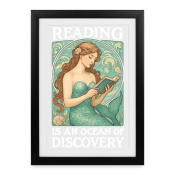 Lesende Meerjungfrau im Ozean der Bücher - Gerahmtes Poster (27 × 37 cm) - Schwarz - Vorne