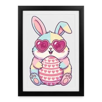 Lapin pastel avec des lunettes en forme de cœur et œuf - Affiche encadrée (27 × 37 cm) - noir - Devant