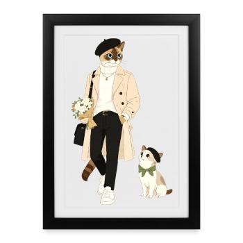Style chat en trench-coat - Affiche encadrée (27 × 37 cm) - noir - Devant
