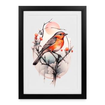 Robin on a Branch - TattooStyle - Framed poster (27 × 37 cm) - black - Front