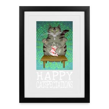 Happy Catspectations - Art de chat tigré motivant - Affiche encadrée (27 × 37 cm) - noir - Devant