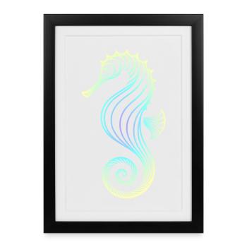 Hippocampe dégradé bleu jaune vert tribal - Affiche encadrée (27 × 37 cm) - noir - Devant
