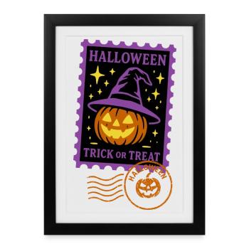 Timbre-poste - Citrouille d'Halloween avec chapeau magique - Affiche encadrée (27 × 37 cm) - noir - Devant