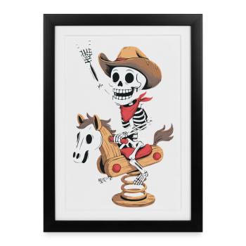 Squelette cow-boy sur cheval de cour de récréation dans le style rétro - Affiche encadrée (27 × 37 cm) - noir - Devant