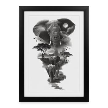 Silhouette d'éléphants lunaire - Affiche encadrée (27 × 37 cm) - noir - Devant