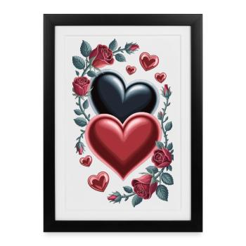 T-shirt Heart Roses - Roses rouges et cœurs - Affiche encadrée (27 × 37 cm) - noir - Devant
