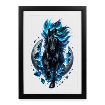 Cheval de cristal de lune – Conception du cheval cosmique - Affiche encadrée (27 × 37 cm) - noir - Devant