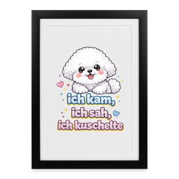 Kuschelhund Spruch Ich kam, ich sah, ich kuschelte - Gerahmtes Poster (27 × 37 cm) - Schwarz - Vorne