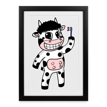 Vache avec brosse à dents - Affiche encadrée (27 × 37 cm) - noir - Devant