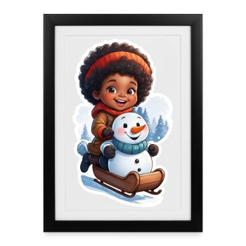 Child-friendly snowman on sled - Framed poster (27 × 37 cm) - black - Front