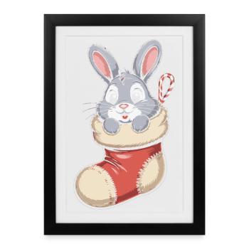 Lapin de Noël en chaussette câline - Affiche encadrée (27 × 37 cm) - noir - Devant