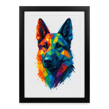 Chien de Berger Allemand Low Poly Géométrique - Affiche encadrée (27 × 37 cm) - noir - Devant