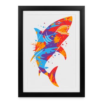 Hai Haie bunt Herren Kinder Jungen Haifisch - Gerahmtes Poster (27 × 37 cm) - Schwarz - Vorne
