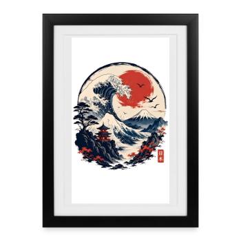 Welle Fuji Sonnenkreis Ukiyoe - Gerahmtes Poster (27 × 37 cm) - Schwarz - Vorne