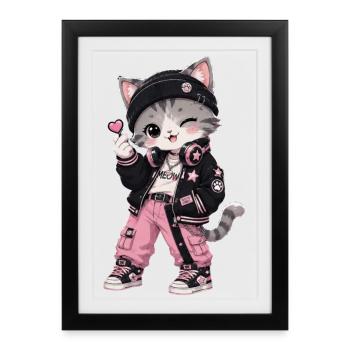 Chat streetwear rose et noir - Affiche encadrée (27 × 37 cm) - noir - Devant
