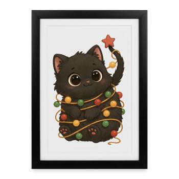 Black Cat Christmas Fairy Lights Funny - Framed poster (27 × 37 cm) - black - Front