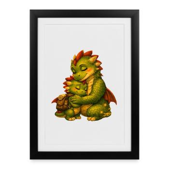 Dragon Cuddle : L’amour parental dans la lumière fantastique - Affiche encadrée (27 × 37 cm) - noir - Devant
